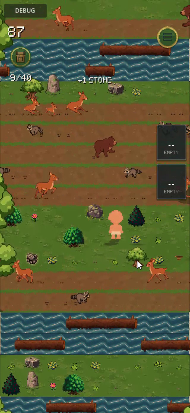 Extraction run with animal hazards, rivers, logs, and a stone pickup
