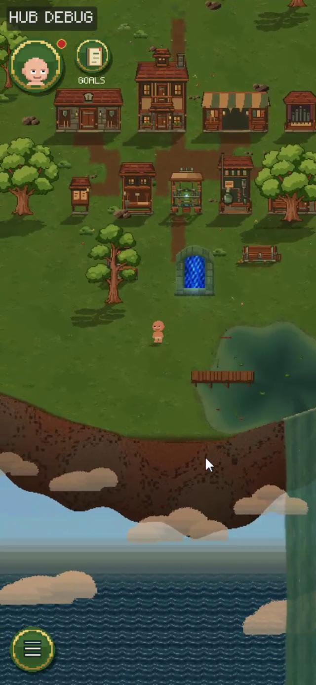 Extraction Road hub with buildings, portal, pond, waterfall, and floating island