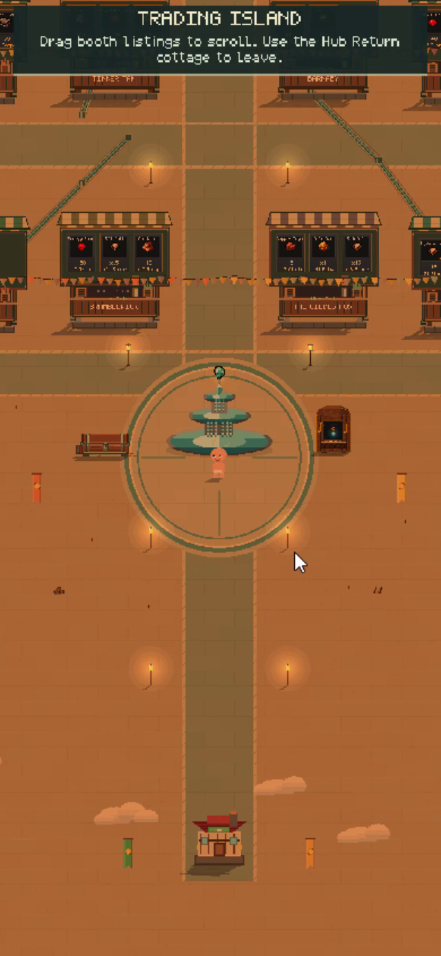 Trading Island plaza with market booths and central fountain
